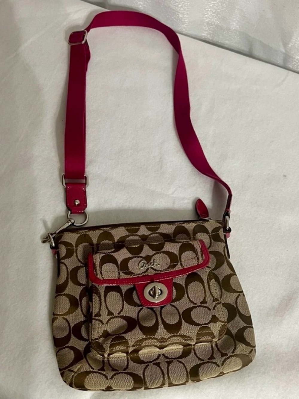 Coach Signature Crossbody Bag with Pink Strap